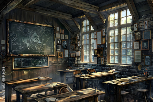 Empty vintage classroom with wooden desks, chalkboard, and sunlit windows. photo