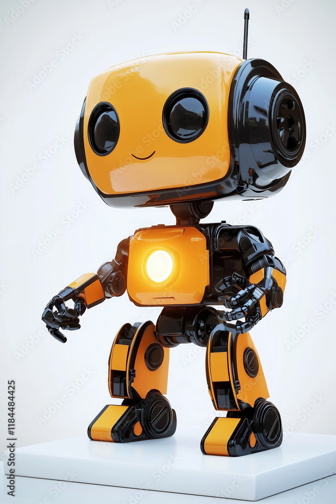Friendly Orange Black Robot Glowing Button Chest White Background Technology Machine Android Automation Friendly Orange Black Robot Glowing Button Chest White Background Technology Machine Android Automation