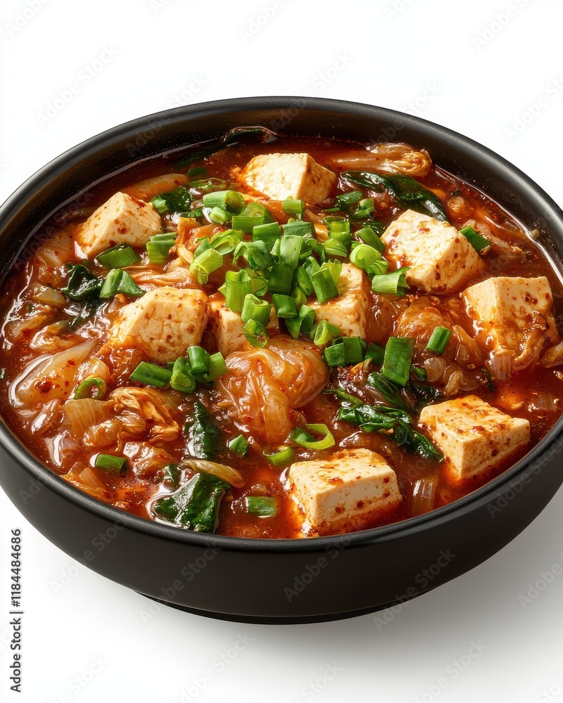 Delicious spicy kimchi stew with tofu and scallions home kitchen food cozy environment close-up culinary delight Delicious spicy kimchi stew with tofu and scallions home kitchen food cozy environment close-up culinary delight