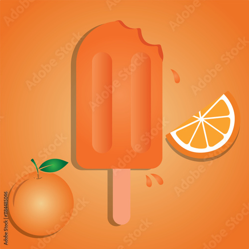 Orange popsicle stick ice cream with orange fruit pieces and Orange fruit vector illustration , All layers are single for any coustomization Eps 10 .

