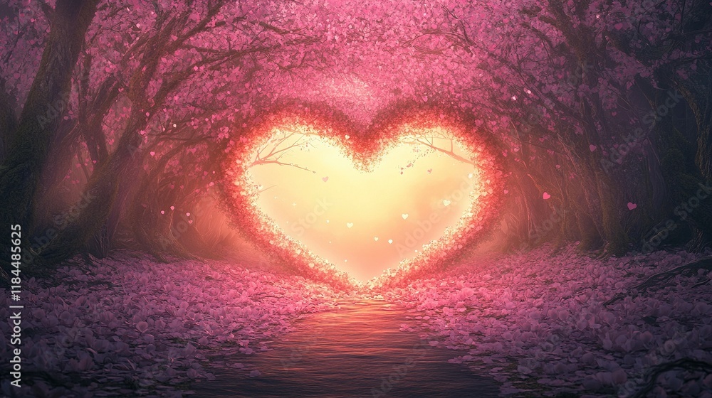 Heart-shaped light in magical pink forest Heart-shaped light in magical pink forest