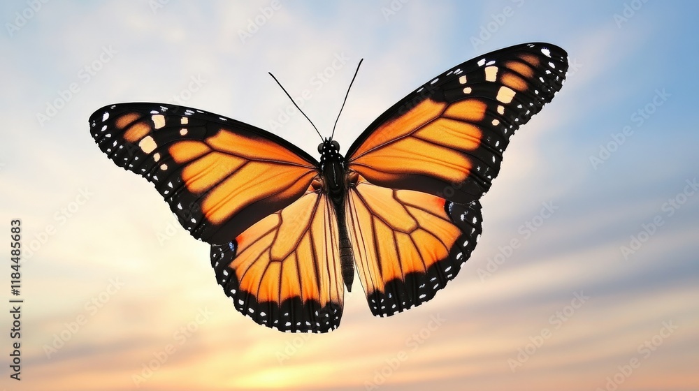 Fototapeta premium Ethereal Butterfly Flying Through a Radiant Sky at Dusk with Beautiful Orange and Black Wings