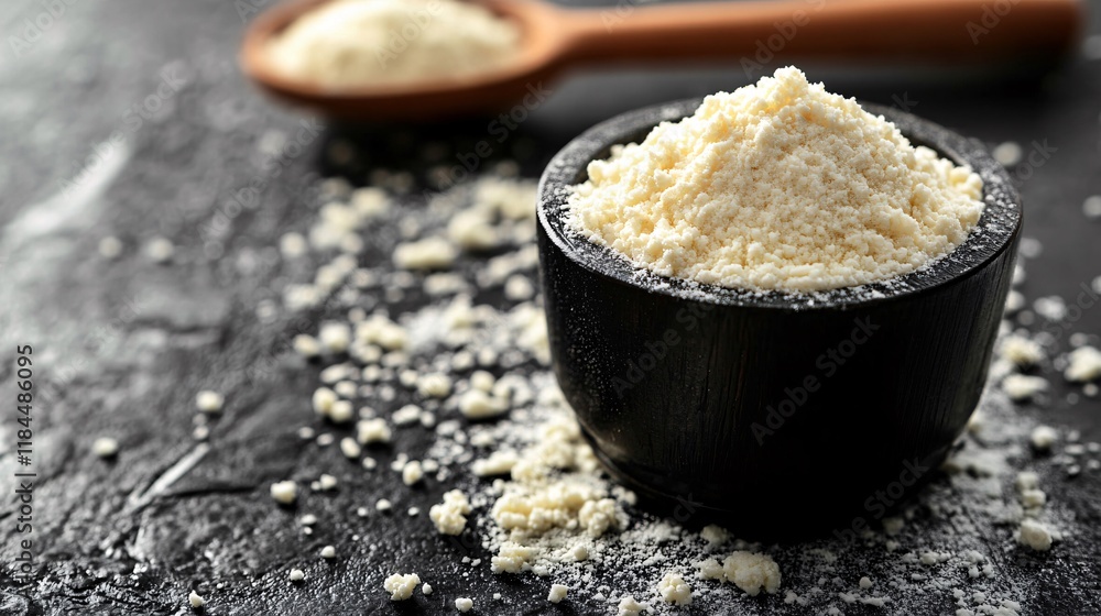 Flour in a wooden bowl with scattered flour on a dark textured surface Flour in a wooden bowl with scattered flour on a dark textured surface