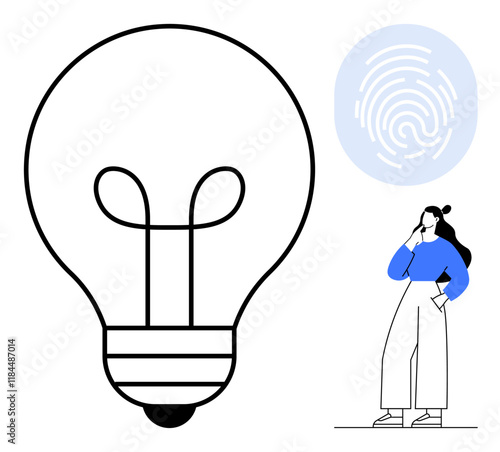 Light bulb, fingerprint, contemplative woman. Ideal for brainstorming, creativity, individuality, technology, innovation problem-solving identity. Depicts thinking uniqueness solutions in