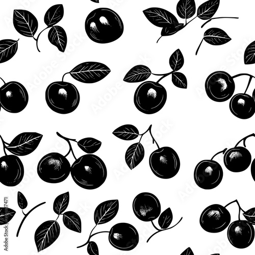 Collection of Plum icons, Plum vectorized seamless pattern