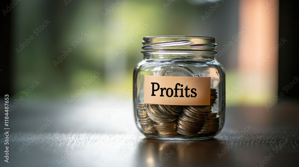Profits jar filled with coins, symbolizing financial success and savings Profits jar filled with coins, symbolizing financial success and savings
