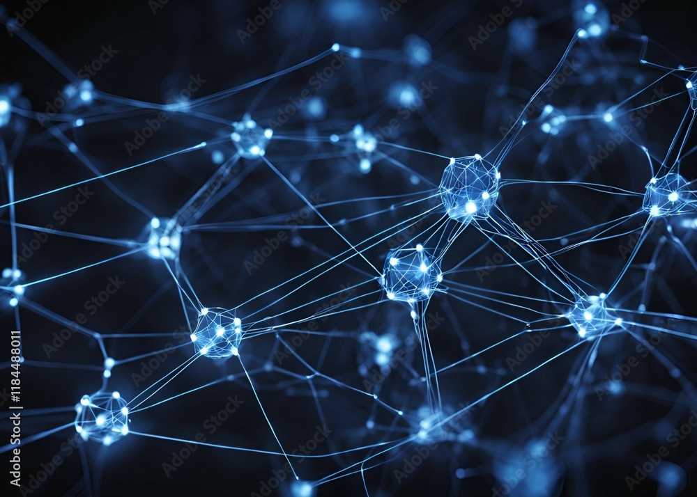Artificial intelligence network. Abstract image of a digital network illuminated by blue light, showing interconnected nodes and lines on a dark background. Artificial intelligence network. Abstract image of a digital network illuminated by blue light, showing interconnected nodes and lines on a dark background.