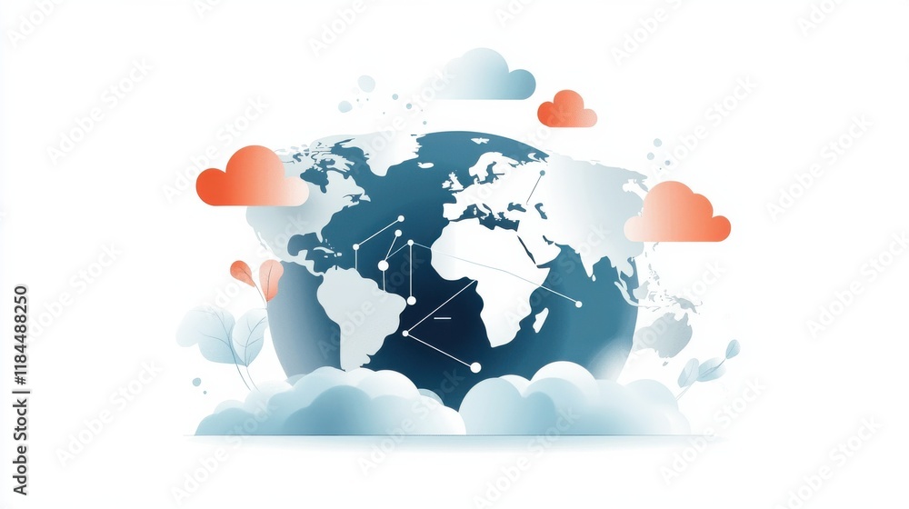 Naklejka premium Global Interconnected World Map with Clouds Showcasing International Business Technology and Travel Concepts