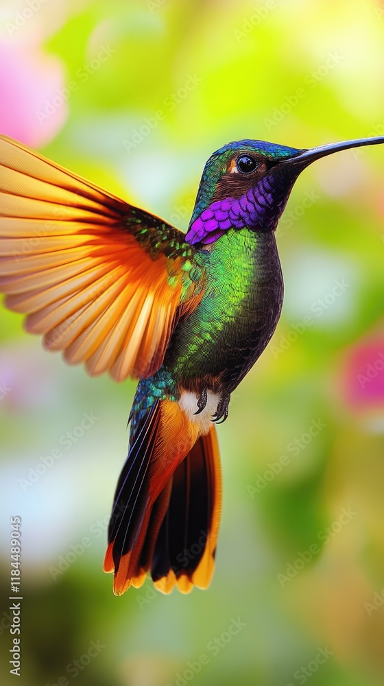 A vibrant hummingbird with iridescent feathers, captured in mid-flight against a blurred background. A vibrant hummingbird with iridescent feathers, captured in mid-flight against a blurred background.