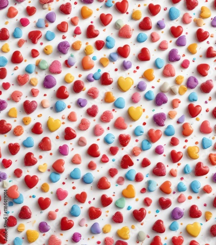 Colorful hearts made of candy and sprinkles on a white background , treats, candy