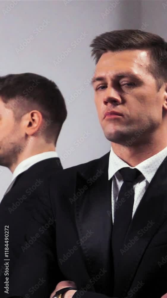 Cool Epic shot of three 3 confident attractive handsome business managers businessman and businesswoman office inside turn their head to camera. super slow motion Vertical Shot. Cool Epic shot of three 3 confident attractive handsome business managers businessman and businesswoman office inside turn their head to camera. super slow motion Vertical Shot.
