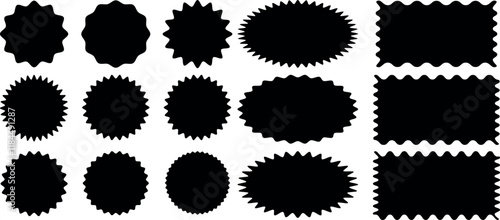 Zig zag Wavy Edge Rectangle, Vector Jagged Geometric Shapes. Isolated elements for design of text box, badge, banner. Geometric zig zag wavy labels, curved badges, serrated stickers.
