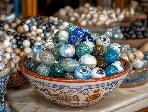 Vibrant evil eye charms in a bowl of colorful beads artisan market decorative objects warm atmosphere close-up view cultural significance photo