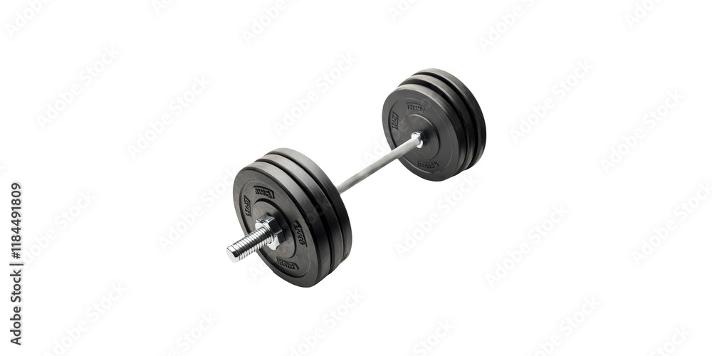 Single black dumbbell with bar isolated on transparent background Single black dumbbell with bar isolated on transparent background