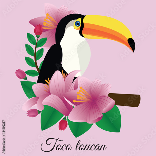 A large toucan toko sits on a branch.Bright flower and leaves vector illustration of tropical toucan bird isolated on white background. Stock vector.all layers are single for any customization,Eps 10
