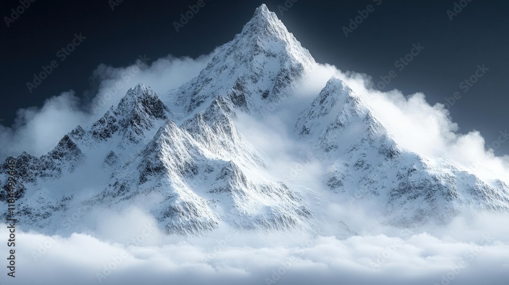 Obraz premium Majestic snow-capped mountain peak rising above the clouds, a dramatic winter landscape