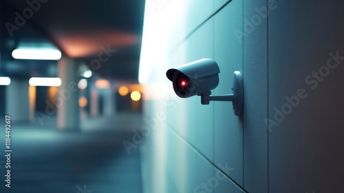 Surveillance camera mounted on a wall, capturing detailed footage. photo