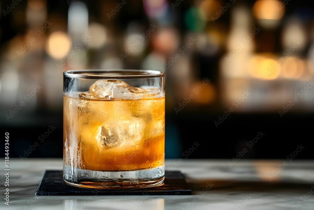 Craft cocktail served in an elegant glass on a polished counter in a vibrant bar Craft cocktail served in an elegant glass on a polished counter in a vibrant bar