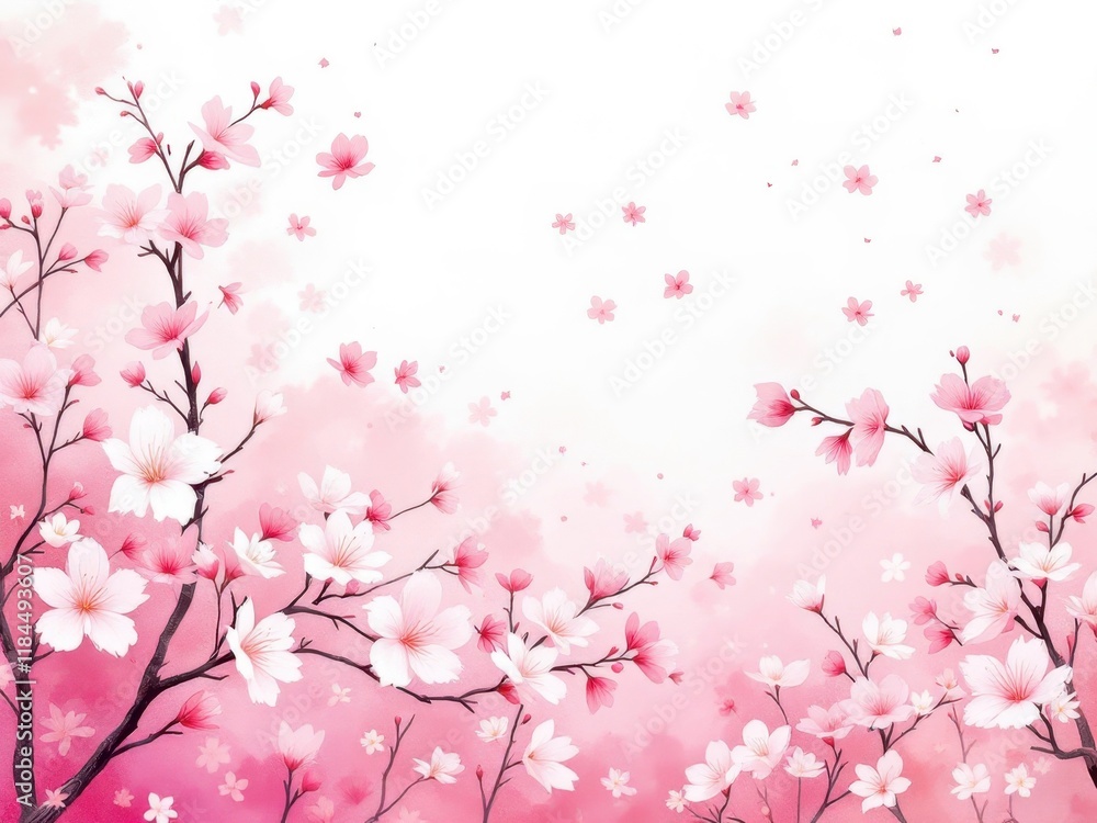 Beautiful pink cherry blossom trees with falling petals against a soft background Beautiful pink cherry blossom trees with falling petals against a soft background