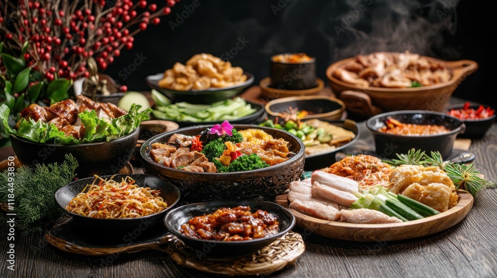 Grand Lunar New Year dinner table with an assortment of symbolic dishes, in a warm and festive setting. Grand Lunar New Year dinner table with an assortment of symbolic dishes, in a warm and festive setting.