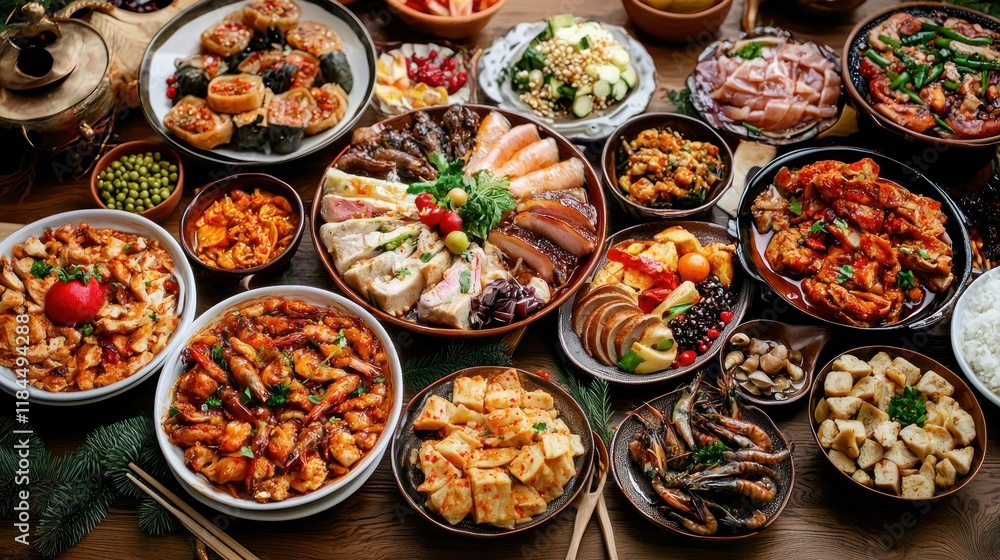 Grand Lunar New Year dinner table with an assortment of symbolic dishes, in a warm and festive setting. Grand Lunar New Year dinner table with an assortment of symbolic dishes, in a warm and festive setting.