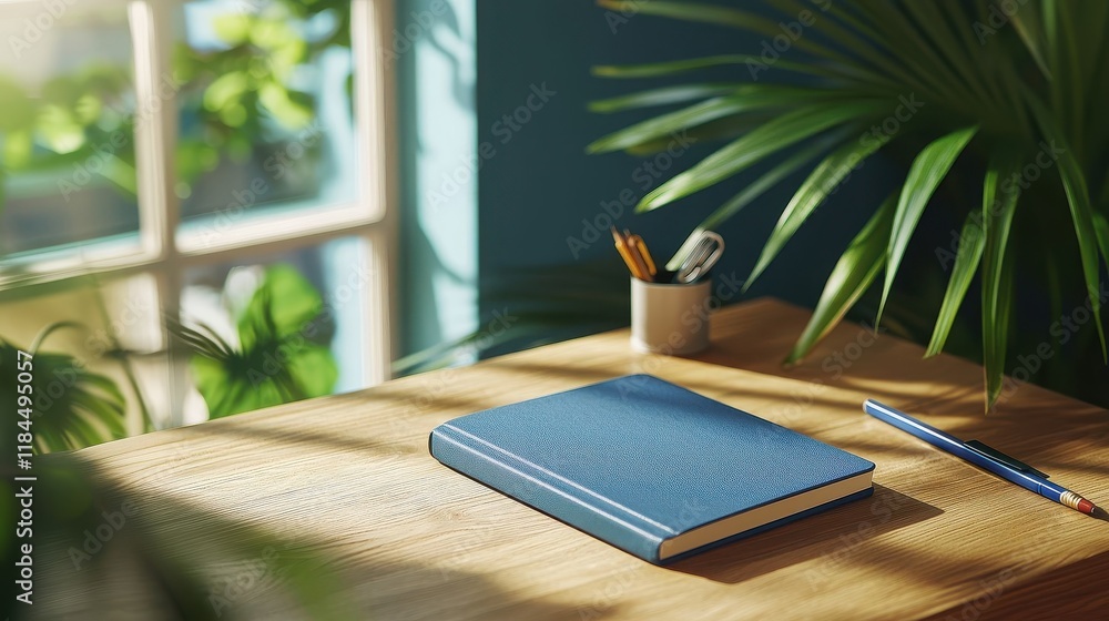 Workspace with a blue notebook and pen surrounded by plants in a sunlit room creates a peaceful atmosphere for writing and studying. Generative AI Workspace with a blue notebook and pen surrounded by plants in a sunlit room creates a peaceful atmosphere for writing and studying. Generative AI
