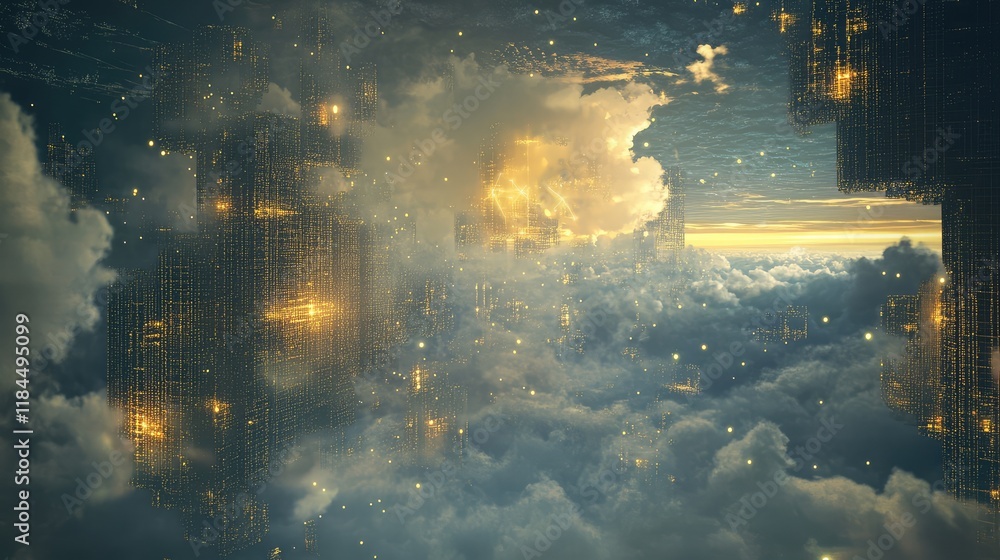 Obraz premium Visualization of quantum cryptography protecting cloud data, where quantum keys are used to encrypt and safeguard cloud storage and transmissions