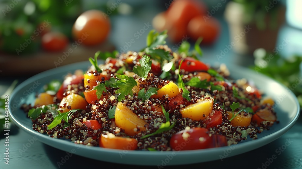 A plate of quinoa salad with roasted vegetables garnished A plate of quinoa salad with roasted vegetables garnished