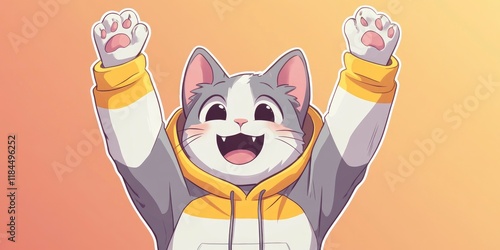 cute cat in a yellow and white hoodie, with a big smile and hands raised on yellow background