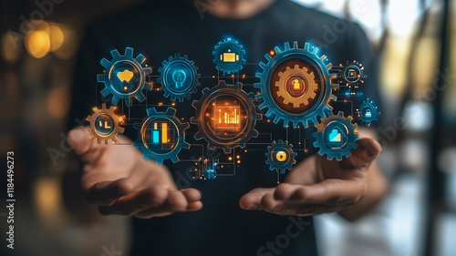 The Power of Interconnectedness: A man's open hands cradle a network of interlocking gears, each one representing a different aspect of modern technology.