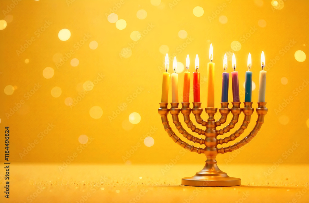 Hanukkah, on yellow background. traditional menorah with lighting candles. Jewish traditional holiday. magic glare of light. Hanukkah, on yellow background. traditional menorah with lighting candles. Jewish traditional holiday. magic glare of light.