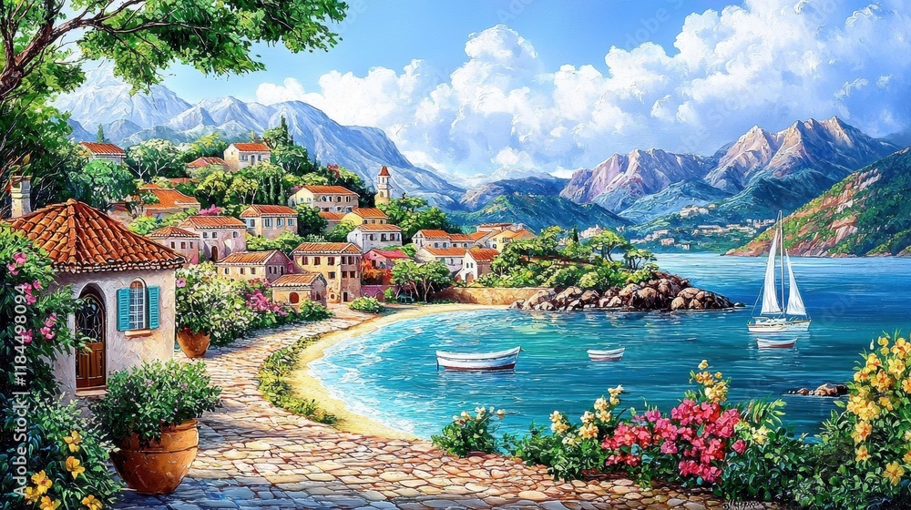 Fototapeta premium Vibrant summer weather enhances the charm of a coastal town in the artwork.