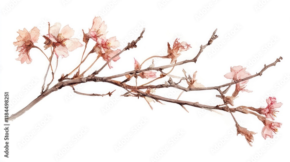 Obraz premium Watercolor painting of a delicate pink cherry blossom branch with soft petals and brown branches isolated on a white background.