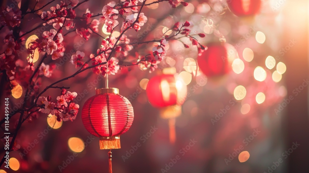 Obraz premium Festive scene of Chinese New Year with a decorative line pattern and dot accents around lanterns and blossoms.
