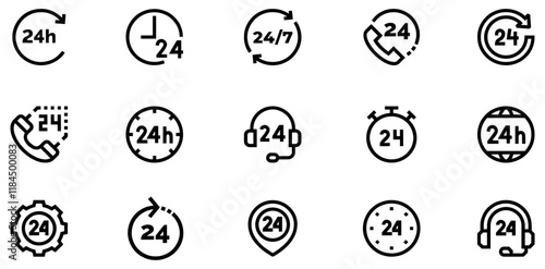 24 7 service icon set. 24-7 open, concept with call icon. Support 24 hours a day and 7 days a week. Support service. Vector Illustration. EPS 10