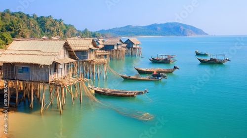 Coastal stilt houses, tranquil turquoise water, fishing boats photo