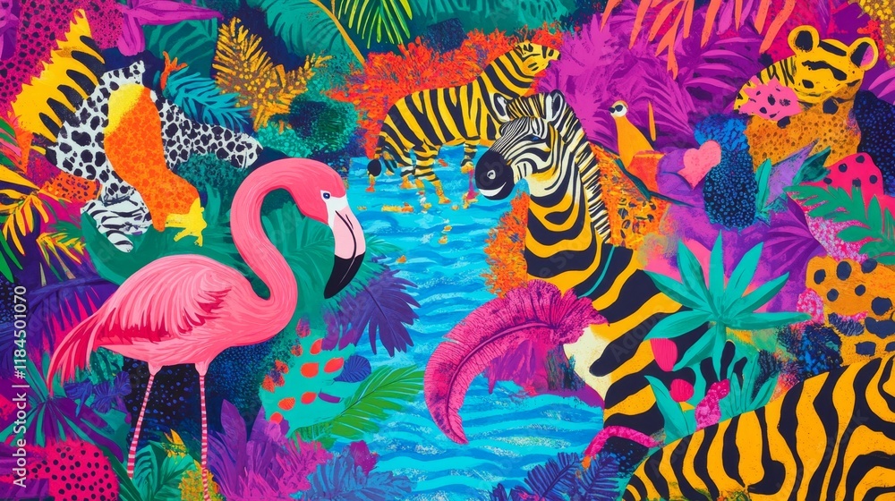 Vibrant jungle scene featuring exotic animals tropical forest digital art lush environment colorful viewpoint wildlife concept Vibrant jungle scene featuring exotic animals tropical forest digital art lush environment colorful viewpoint wildlife concept