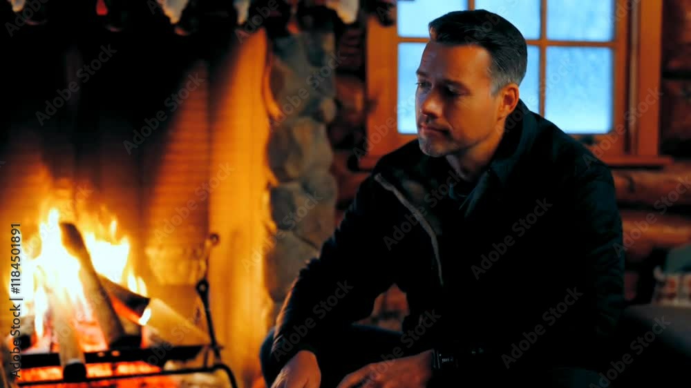 A man sitting beside a roaring fireplace inside a cozy cabin, visible through a frosted window during cold winter season A man sitting beside a roaring fireplace inside a cozy cabin, visible through a frosted window during cold winter season