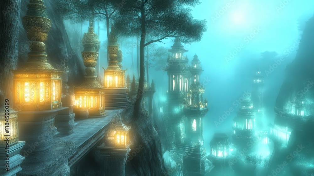 Enchanted mountaintop city, glowing lanterns, mystical fog Enchanted mountaintop city, glowing lanterns, mystical fog