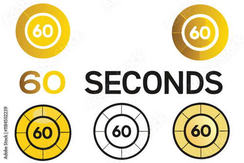 Set of modern minimalistic countdown timer icons with 60 seconds in vibrant yellow and black designs, perfect for presentations and applications