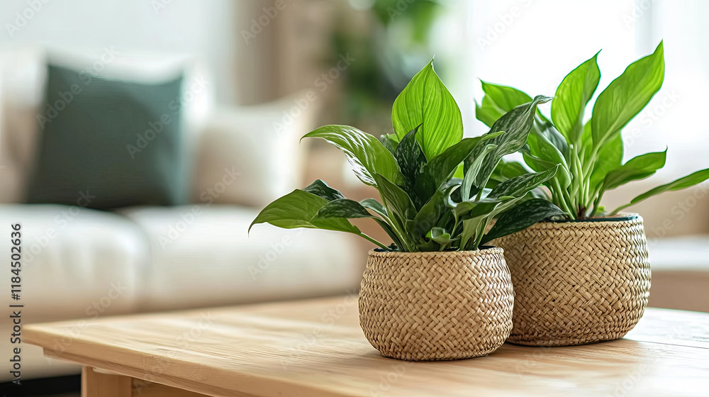 Two potted plants sit on a wooden table in a living room Two potted plants sit on a wooden table in a living room