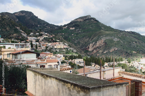 City in mountains. Taormina, Messina, Sicily, Italy