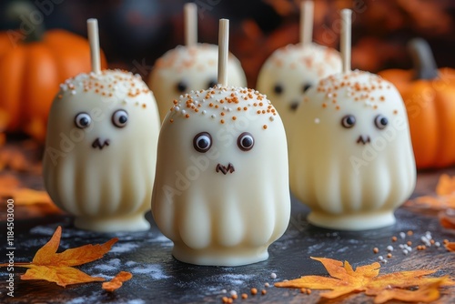 adorable spooky ghostshaped halloween cake pops decorated with white chocolate and edible eyes perfect for kids party treats on black display stand photo