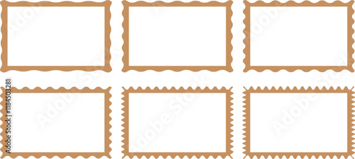 Zig zag wavy edge rectangle frame or border shapes set. Zigzag wavy edges, retro frames, psychedelic rectangles, photo frames, text boxes, tags, labels.