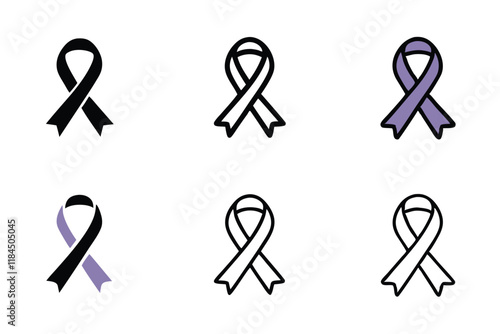 Set of awareness ribbon icons with purple, yellow, and black designs, perfect for representing causes like cancer support World cancer day line art icon set