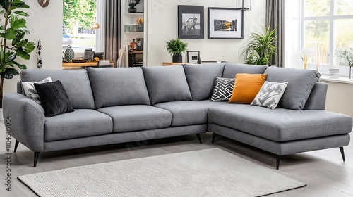 Modern Grey Sectional Sofa With Decorative Pillows photo