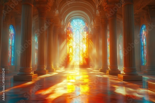 ancient crystal palace throne room with soaring columns ethereal light rays piercing stained glass windows marble floors reflecting magical ambiance fantasy architectural elements photo