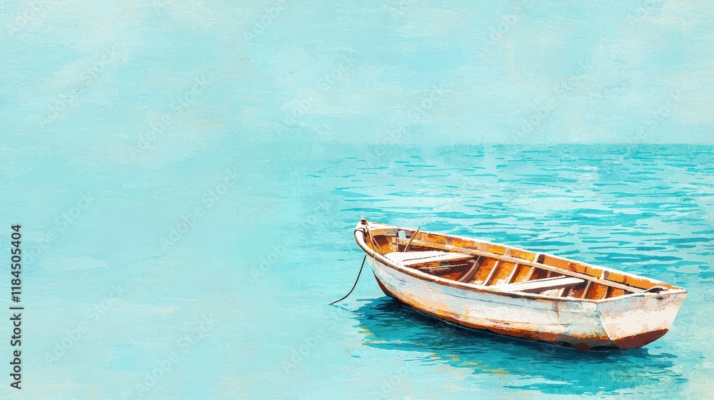 Serene Single Wooden Boat Floating on Calm Turquoise Water in Tranquil Environment Serene Single Wooden Boat Floating on Calm Turquoise Water in Tranquil Environment