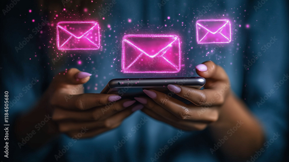 Glowing Inbox: A person receives multiple messages on their smartphone, depicted as glowing pink email icons. A modern, stylish image representing digital communication and connectivity. Glowing Inbox: A person receives multiple messages on their smartphone, depicted as glowing pink email icons. A modern, stylish image representing digital communication and connectivity.
