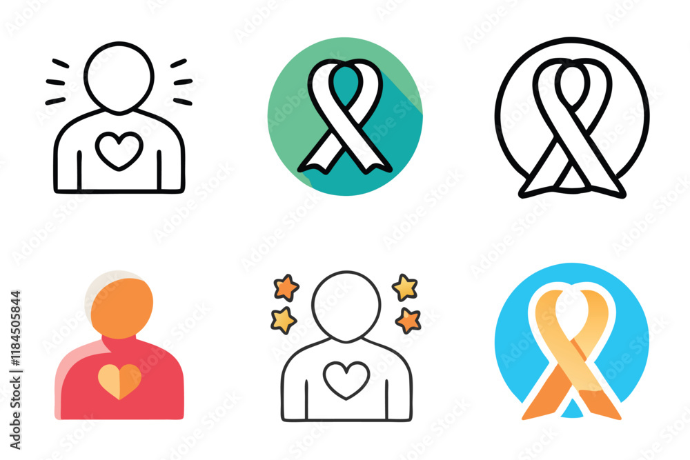 Empowering human figures with hearts and ribbons, symbolizing love, support, and healing for health awareness and World Cancer Day line art icon set Empowering human figures with hearts and ribbons, symbolizing love, support, and healing for health awareness and World Cancer Day line art icon set